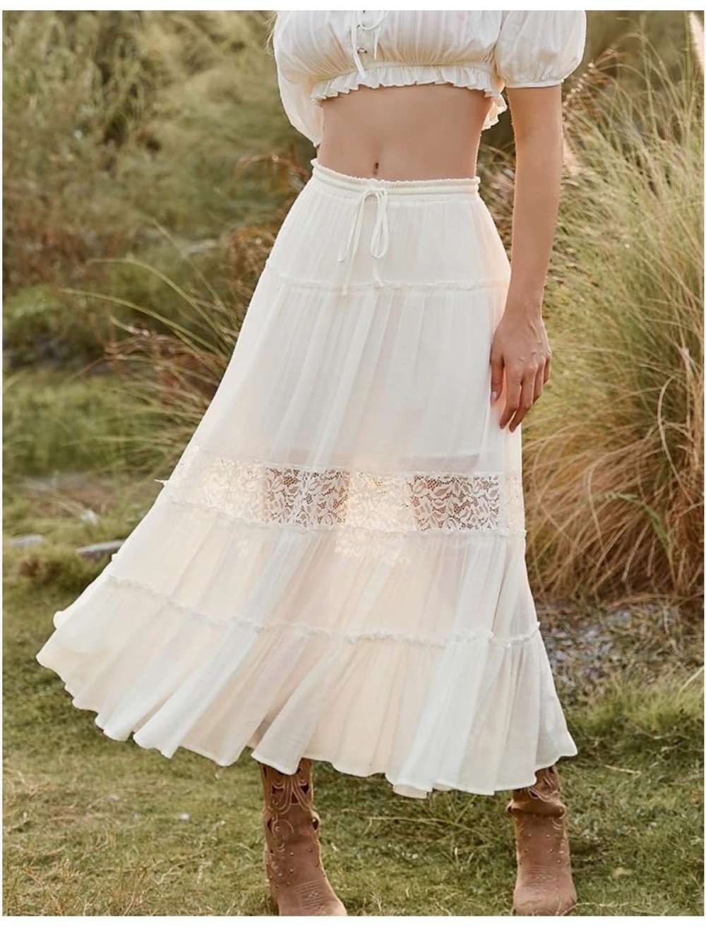 NWT Scarlet Darkness White Boho Maxi Skirt Flowy Lace Renaissance Pockets, M